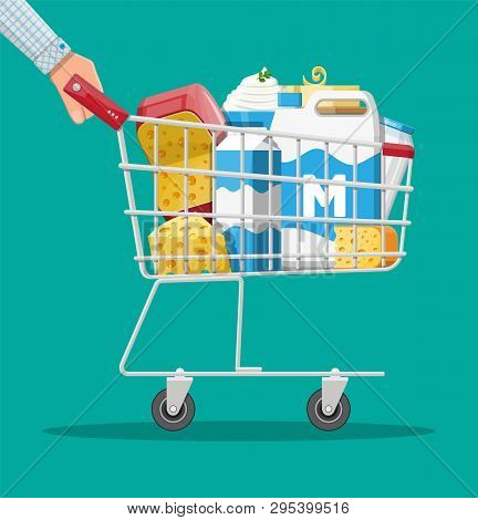 Milk Products Set In Plastic Shopping Cart With Cheese, Cottage And Butter. Dairy Food. Tradicional 