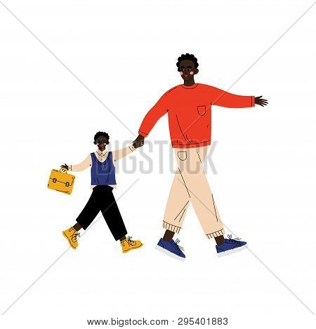 Father Leading His Son Student To School, Cute Boy And His Dad Walking Together Vector Illustration