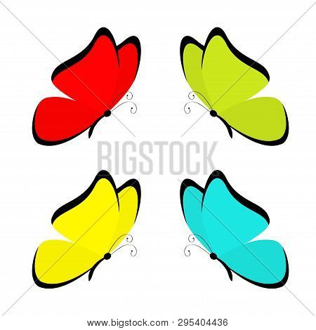 Butterfly Icon Set. Cute Cartoon Kawaii Funny Character. Colorful Blue Red Yellow Green Wings. Flyin