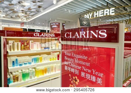 HONG KONG, CHINA - CIRCA FEBRUARY, 2019: cosmetics on display at Beauty&You in Hong Kong International Airport.