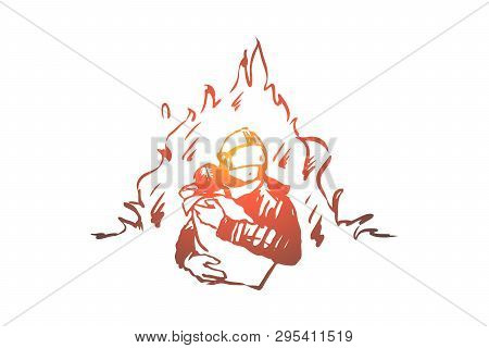 Firefighter, Safety, Fire, Child, Rescue Concept. Hand Drawn Firefighter Saved Child From Fire Conce