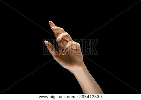 Female Hand Demonstrating A Gesture Of Getting Touch Isolated On Black Studio Background. Concept Of