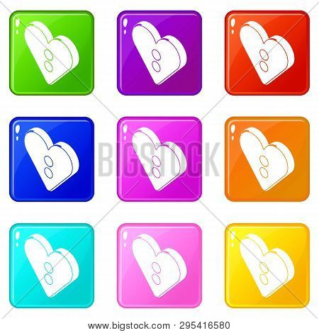 Heart Clothes Button Icons Set 9 Color Collection Isolated On White For Any Design