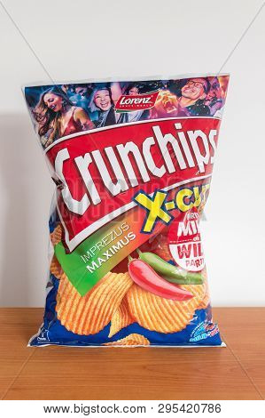 Pruszcz Gdanski, Poland - March 1, 2019: Pack Of Lorenz Crunchips X-cut. Potato Chips Hot Peppers Fl