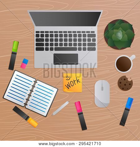Work Office Desk Bsckground Vector Illustration Flat Desing