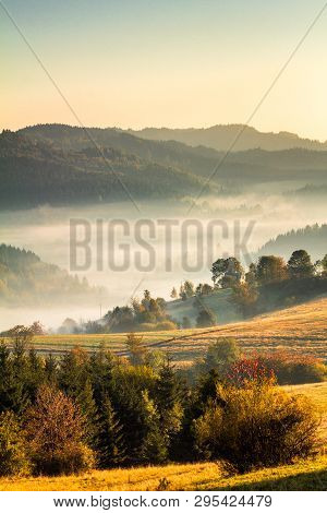 Autumn Landscape, Misty Morning In The Region Of Kysuce, Slovakia, Europe.