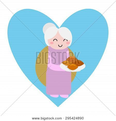 Cute Grandmother With Pices On Blue Background Vector Illustration Flat Desing