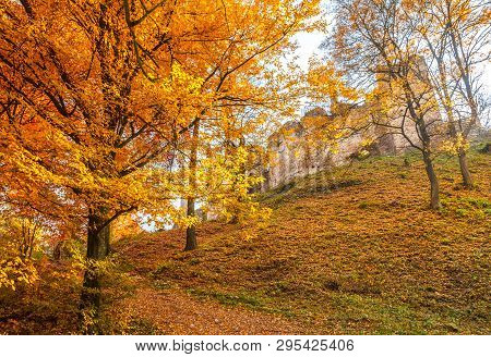 Autumn Landscape With Ruin Of Medieval Castle The Povazsky Hrad, Slovakia, Europe.