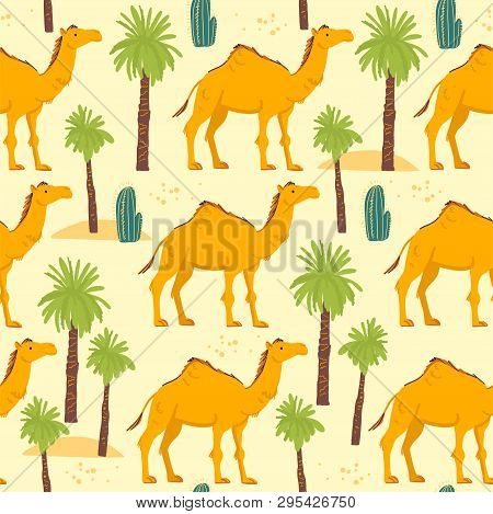 Vector Flat Seamless Pattern With Hand Drawn Desert Camel Animals, Cactus And Palm Trees Isolated On