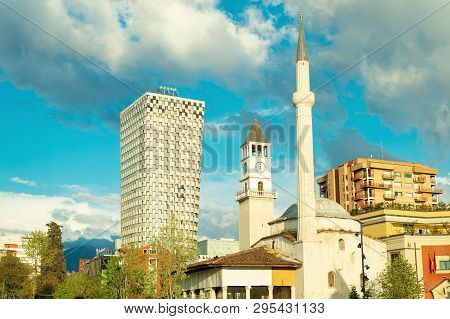 Tirana, Albania. March 2019: Newly Reconstructed City Central Skanderbeg Square Famous Buildings.