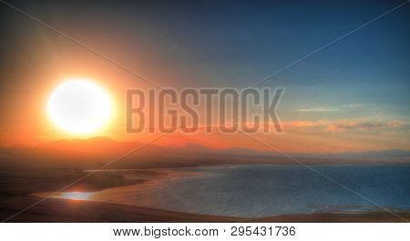 Aerial,panorama Of Song Kul Lake At The Sunset, Kyrgyzstan