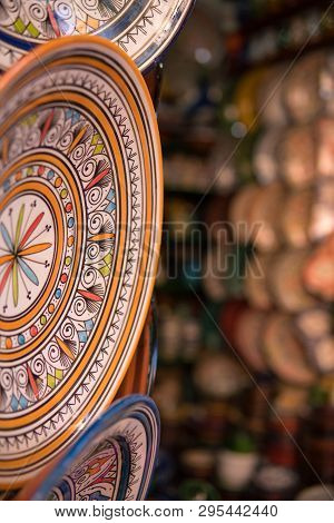 Traditional Ceramic Pottery On The Wall Of Morocco Bazaar, Marakesh