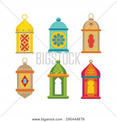 Set Of Arabic Lanterns. Colorful Decorative Ramadan Lamps Icons. Collection Of Isolated Stock Vector