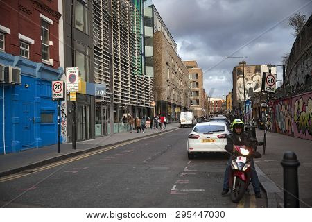 London - February 17, 2019: View Of The District Near Shoreditch High Street In East London Near Bri