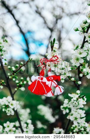 Bulgarian Traditional Spring Decor Martenitsa On The Blossom Tree Background. Baba Marta Holiday.