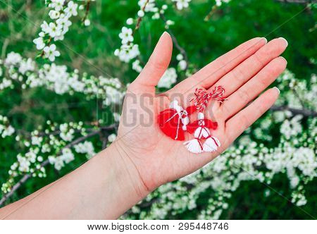 Bulgarian Traditional Spring Decor Martenitsa, Hold In Hand, Blossom Tree Background. Baba Marta Hol