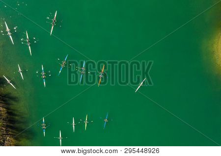 Water Sport, Kayakers Preparing For Race. Water Sport, Panoramic Aerial View Of Kayaks On Lake From 