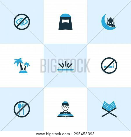 Ramadan Icons Colored Set With Palms, Fajr, Not Eating And Other Shawl Elements. Isolated Vector Ill
