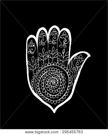 Illustrayion Of A Hamsa With An Ornament In The Style Of Mehendi. Chalk On A Blackboard.