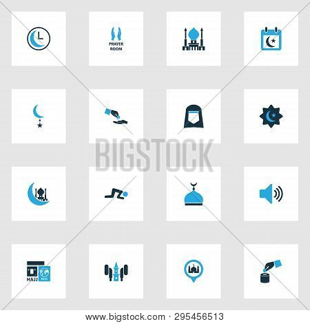 Religion Icons Colored Set With Adhaan, Celebration, Minaret And Other Pray Elements. Isolated  Illu