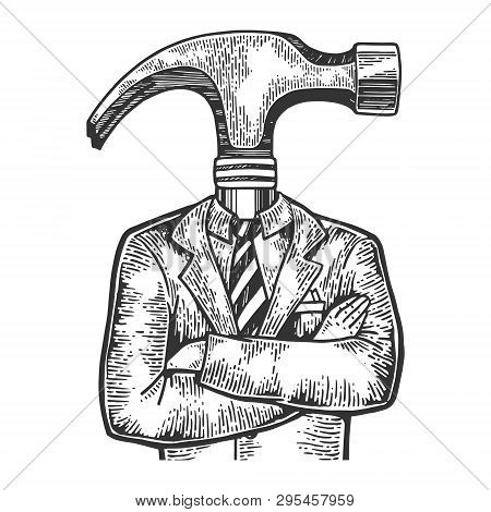 Hammer Head Businessman Sketch Engraving Vector Illustration. Scratch Board Style Imitation. Black A