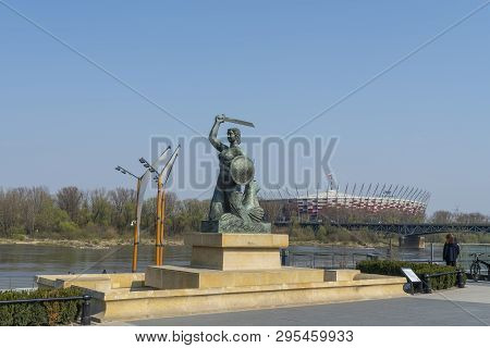 Warsaw, Poland. April 6, 2019.  A View Of  The Mermaid Statue In Warsaw