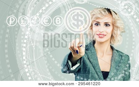 Money Transfers, Exchange And Banking Concept. Business Woman Pointing On Usa Dollar Currency On Hig