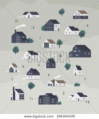 Banner Template With Town District With Country Cottages Of Modern Scandic Architecture And Walking 