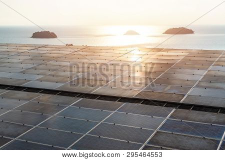 Solar Panel Installed On Building Roof  For Photovoltaic Cell Or Pv System, Renewable And Sustainabl