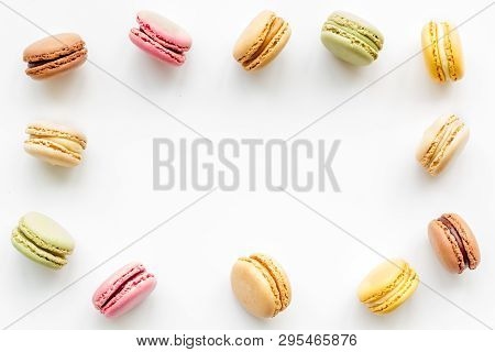Brignt Macarons Frame For Sweet Break On White Background Top View Mock Up