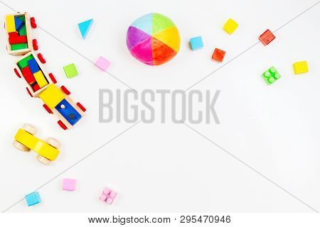 Baby Kids Toyd Background. Wooden Train, Toy Car, Colorful Blocks On White Background