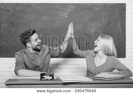 Ready To Success. Back To School. Couple Of Man And Woman In Classroom. Home Schooling. Modern Schoo