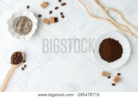 Spa Treatment. Coffee Organic Sugar Scrub On White Background Top View Copyspace, Nutrition Wellness