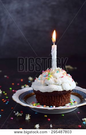 Chocolate Cupcake With Vanilla Cream And Candle. Happy Birthday. Dark Photo.
