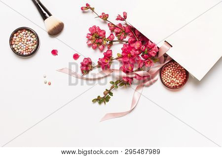 Ball Blush Rouge And Face Powder, Makeup Brush, Spring Pink Flowers In White Gift Package On Light B