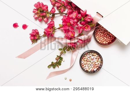Ball Blush Rouge And Face Powder, Makeup Brush, Spring Pink Flowers In White Gift Package On Light B