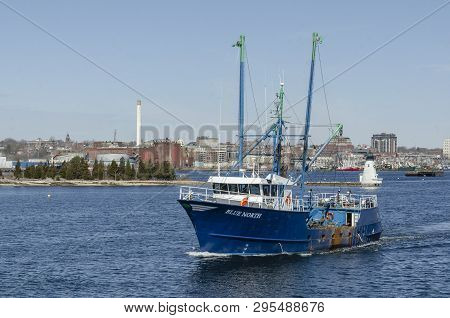 New Bedford, Massachusetts, Usa - April 11, 2019: Commercial Fishing Vessel Blue North As She Crosse