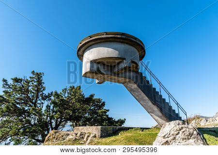 Ribadesella, Spain - April 1, 2019: Viewpoint Of El Fito, It Is A Concrete Construction In The Mount