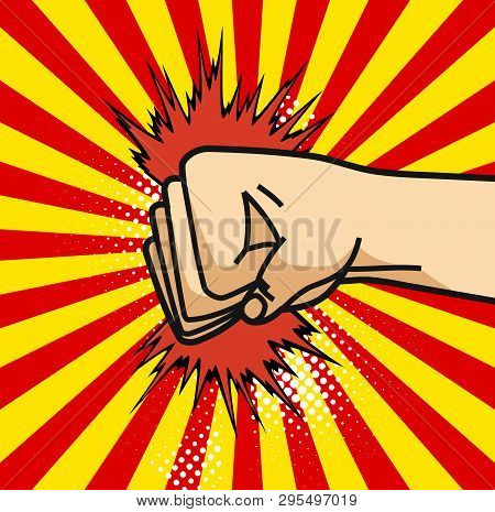 A Pop Art Cartoon Comics Poster With Fist And Explosion Bubble On Comic Background.