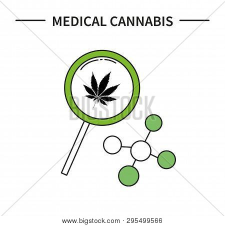 Magnifier With Hemp Leaf Icon. Chemical Protein Molecule. Icon Line Art. Hemp In Medicine