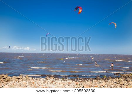 Bueno Aires, Argentina-Dec 26, 2018: People practicing kiteboarding or 