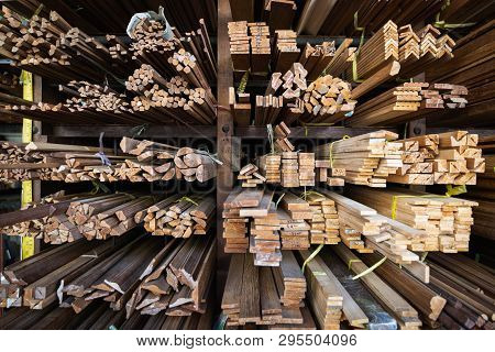 Teak Wook Boards In Carpentry Workshop Of Golden Mount Region In Bangkok, Thailand