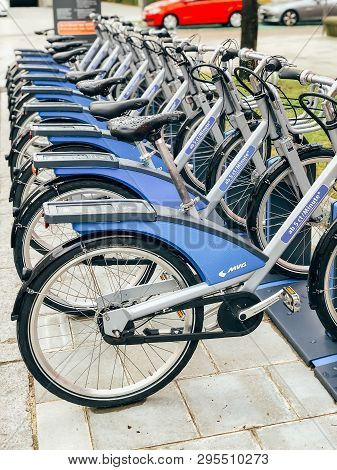 Munich, Germany - December 24, 2018: City Renting Bicycles Parked In Row In Business Park Of Munich,