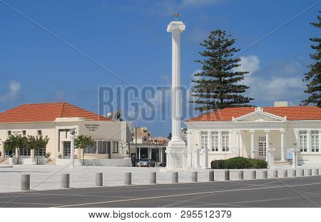 Paphos, Cyprus, April 11th, 2019: Monument Of The 28th Of October On Town Hall Square In Pano Paphos