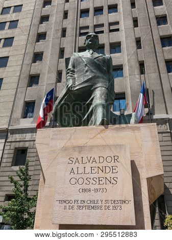Monument To Chilean Statesman And Political Figure. Salvador Allende In Santiago De Chile