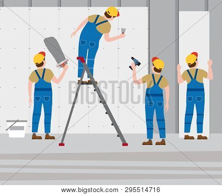 Workers Put Plaster On A Stepladder, Installing Gypsum Plasterboard Panels In The Interior. Vector I