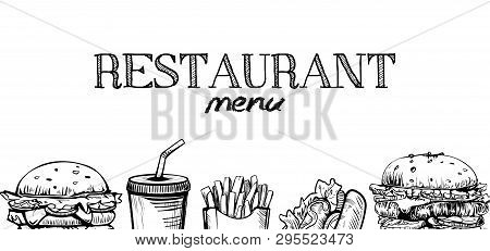 Menu Poster Design With Chalkboard Elements. Fast Food Menu Skech Style. Can Be Used For Layout, Ban