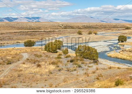 Tekapo River Meandering Across Mackenzie Country In South Island, New Zealand