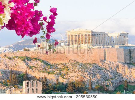 Famous Skyline Of Athens With Acropolis Hill With Pathenon Temple With Flowers, Athens Greece