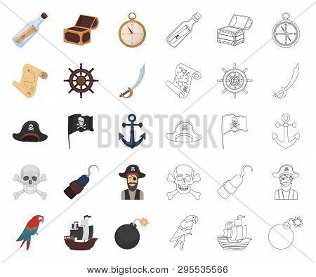 Pirate, Sea Robber Cartoon, Outline Icons In Set Collection For Design. Treasures, Attributes Vector